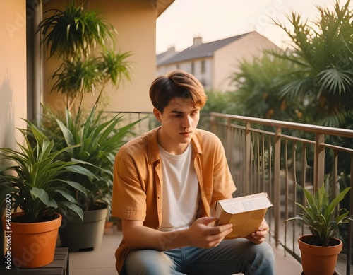 Angry young Indian man sitting at home holding mistakenly received package and looking worriedly at mobile phone screen and worried about it photo