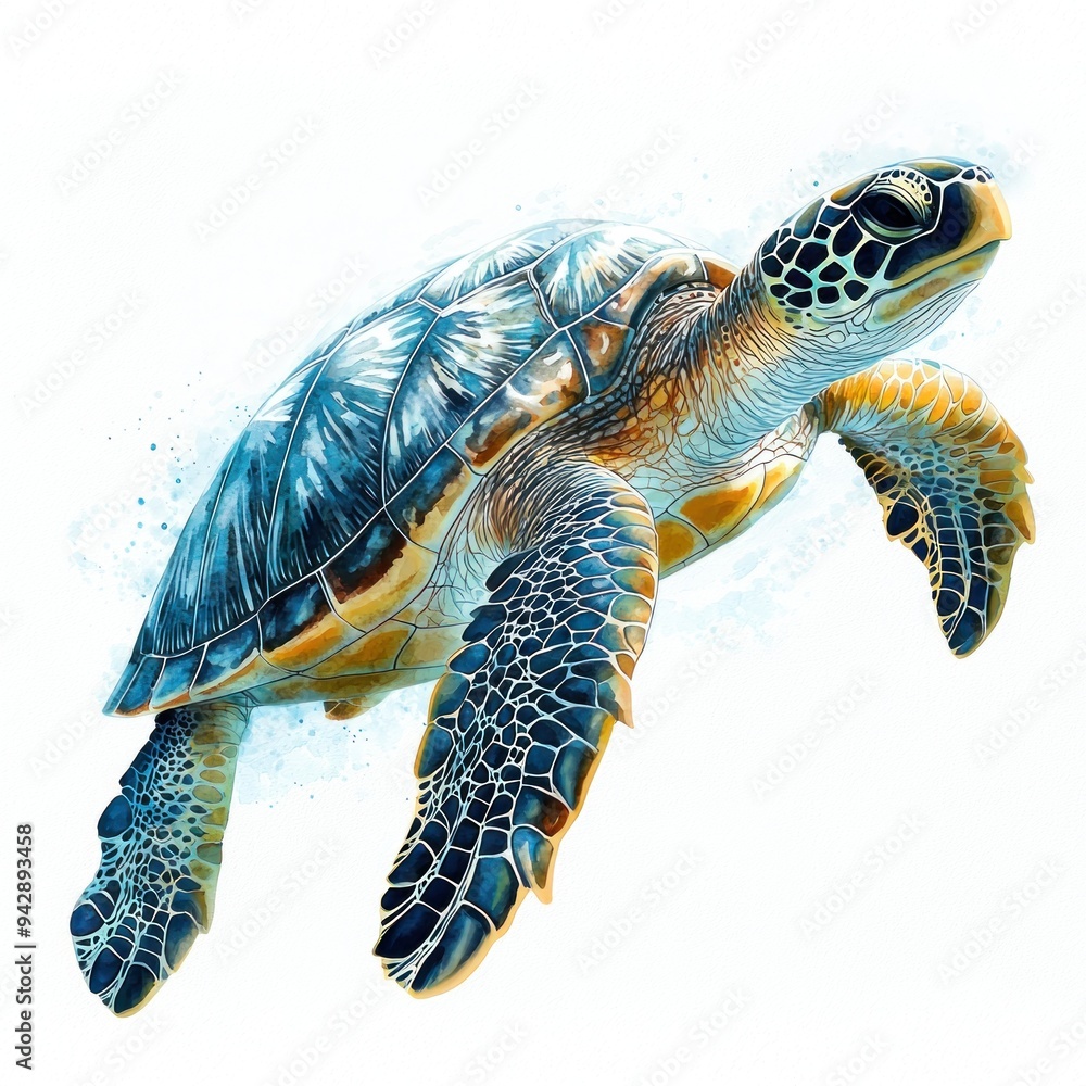 Fototapeta premium A high-resolution photo of a serene turtle swimming in clear water, illustrated in a watercolor clipart style. The turtle is centered on a white background, with its intricate shell patterns and