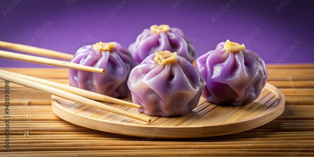 9. A trio of ube-filled siomai steamed dumplings arranged on a bamboo skewer, against a soft, gradient background, a realistic photo image. 9. A trio of ube-filled siomai steamed dumplings arranged on a bamboo skewer, against a soft, gradient background, a realistic photo image.