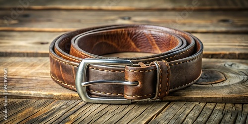 8. Distressed brown leather belt with a simple silver buckle, lying on a weathered wooden table, a realistic photo image.