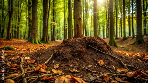 3. Rich, earthy brown soil with scattered leaves and roots in a dense forest, a realistic photo image. photo