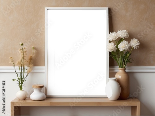 Blank White Frame Mockup with White and Tan Vases and Flowers on a Wooden Shelf
