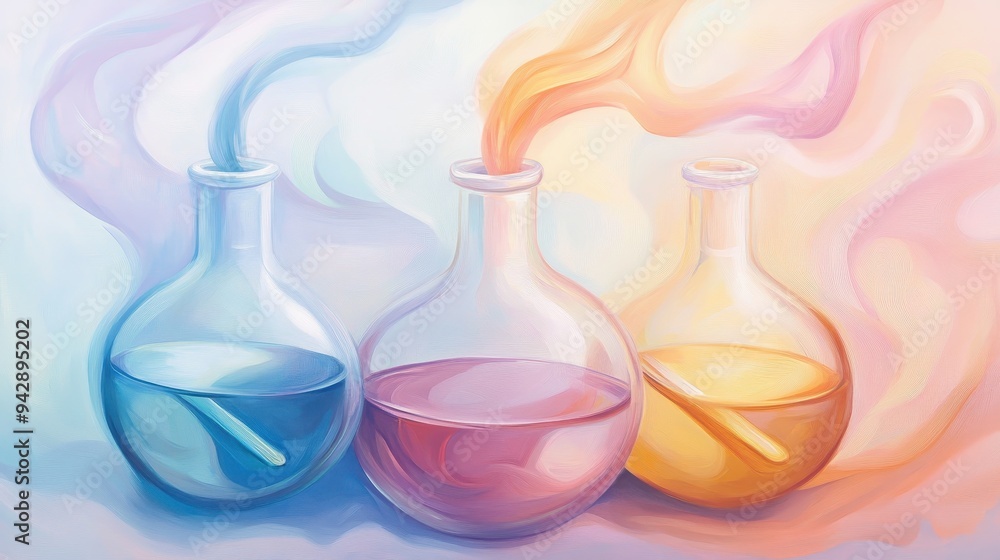 Three vases of different colors with a yellow one in the middle. The vases are filled with different colored liquids Three vases of different colors with a yellow one in the middle. The vases are filled with different colored liquids