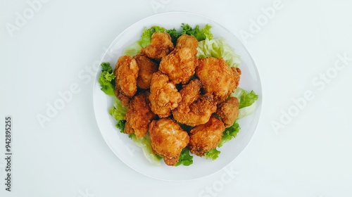 Crispy Fried Chicken Bites on a Bed of Lettuce - Overhead View