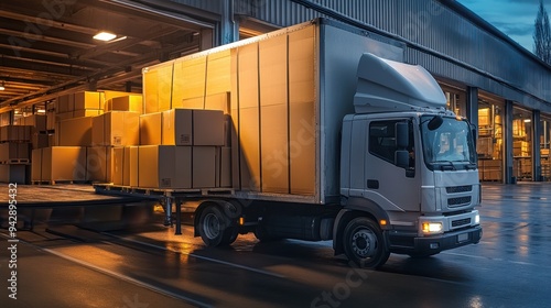 Truck unloading boxes at warehouse loading dock, industrial logistics concept