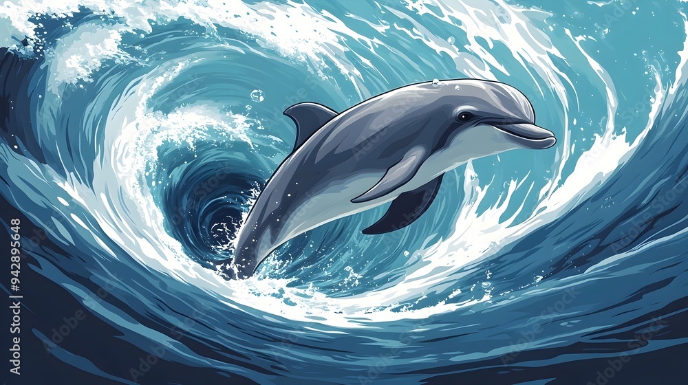 Fototapeta premium Dolphin Escaping Dangerous Underwater Whirlpool During Earthquake