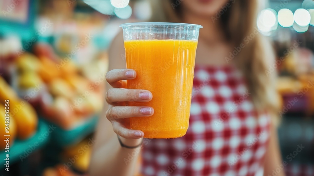 Hand holding glass of freshly orange juice in market village background,healthy food,Include fresh organic vegetables or fruit,healthy drink,detox,green smoothie,diet, copy space still life. Hand holding glass of freshly orange juice in market village background,healthy food,Include fresh organic vegetables or fruit,healthy drink,detox,green smoothie,diet, copy space still life.