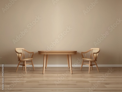 Wooden Table and Two Chairs in an Empty Room