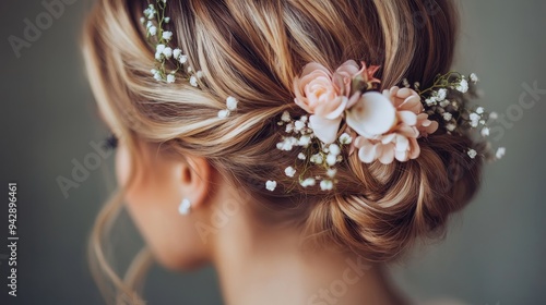 A close-up view of a woman's elegant hairstyle adorned with pink and white flowers, perfect for a special occasion.