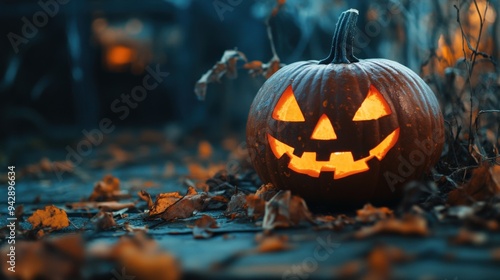 In a softly lit garden, a carved pumpkin with a playful face radiates warm orange light, surrounded by fallen leaves as Halloween approaches