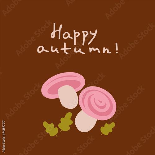 Colorful mushrooms with autumn leaves and a cheerful greeting for the fall season in a warm, textured background