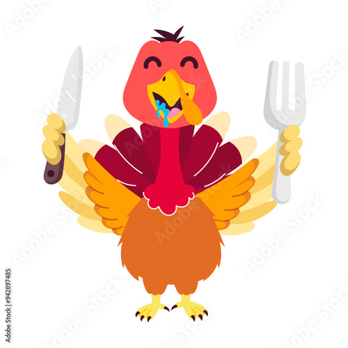 Hungry turkey with drooling mouth holding knife and folk, flat sticker 

