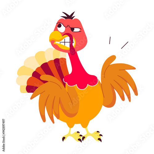 Mad turkey with angry expressions, flat sticker 

