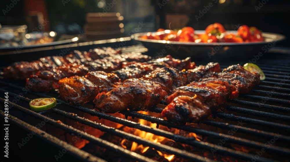 a close up of a grill with meat and vegetables on it a close up of a grill with meat and vegetables on it