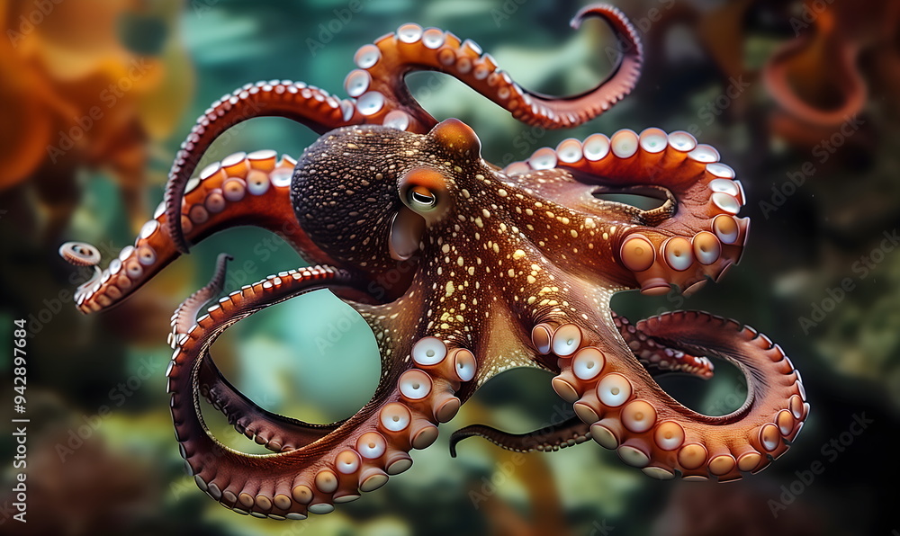 Obraz premium Beautiful big octopus underwater, close-up, natural habitat, underwater world.
