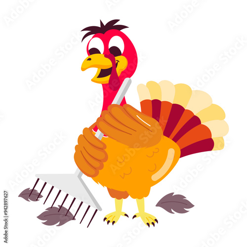 Turkey feathers cleaning with rake, flat sticker 

