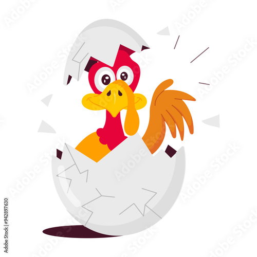 A flat style mascot of turkey egg hatching 

