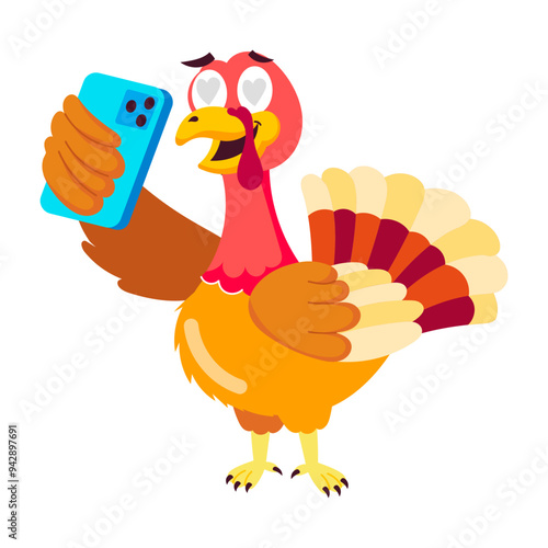Funny flat style sticker of turkey selfie 

