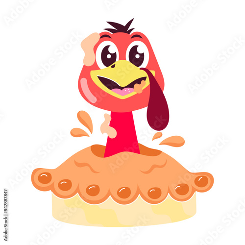 Cartoon style sticker of turkey eating thanksgiving food 

