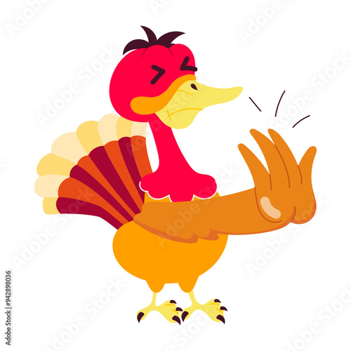 Cartoon style mascot of upset turkey showing stop gesture  

