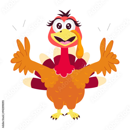 Cute turkey showing thanksgiving peace gesture, flat sticker 


