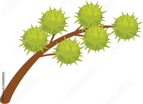 Brown tree branch with green spiky horse chestnut seed pods is growing