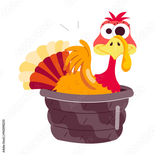 Turkey sitting in thanksgiving basket, flat sticker 

