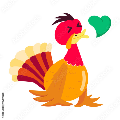 Cartoon style mascot of cute turkey kissing 

