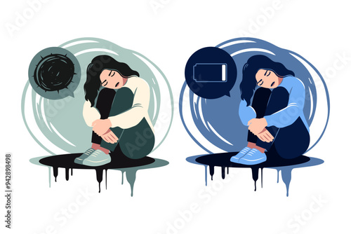 Concept of mental disorder, sorrow and anxiety. Human hand helps. Sad lonely woman in depression. Vector illustration. Flat. photo