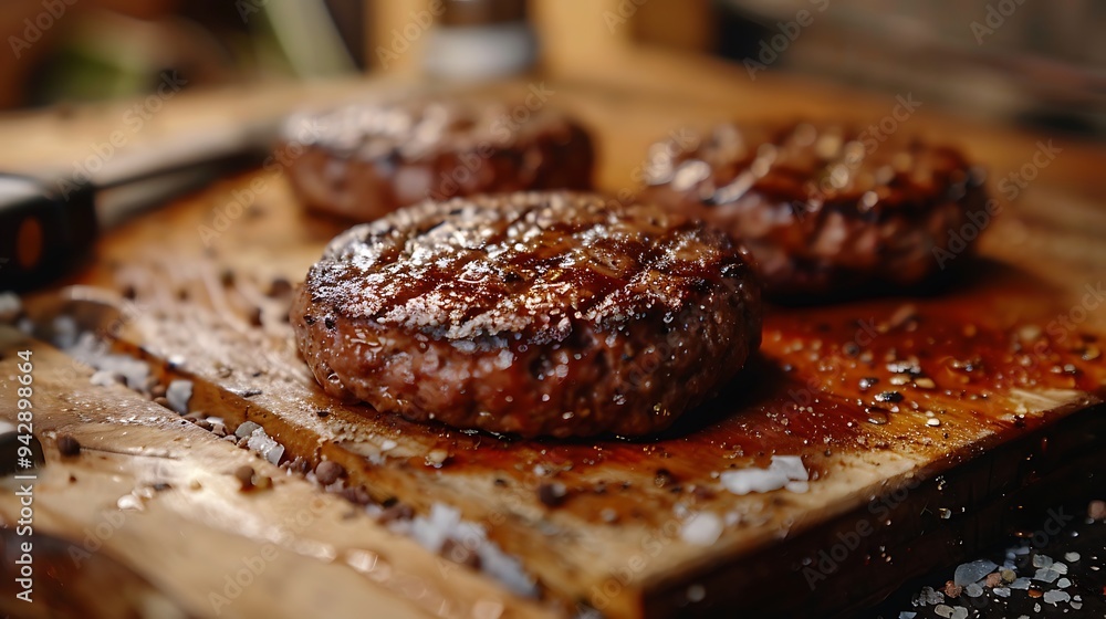 Juicy Grilled Burgers on a Wooden Board Juicy Grilled Burgers on a Wooden Board