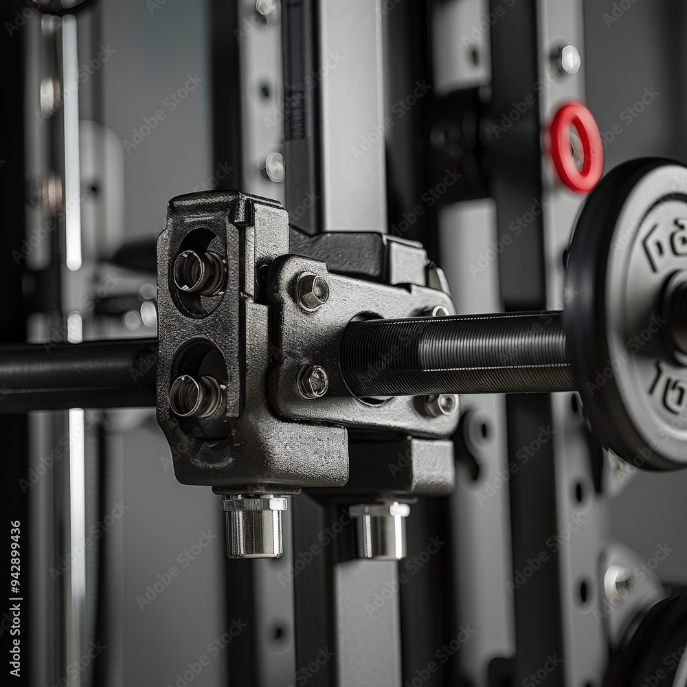 Naklejka premium Close-up image of gym equipment with metallic weights and machine components, ideal for fitness and workout themes.