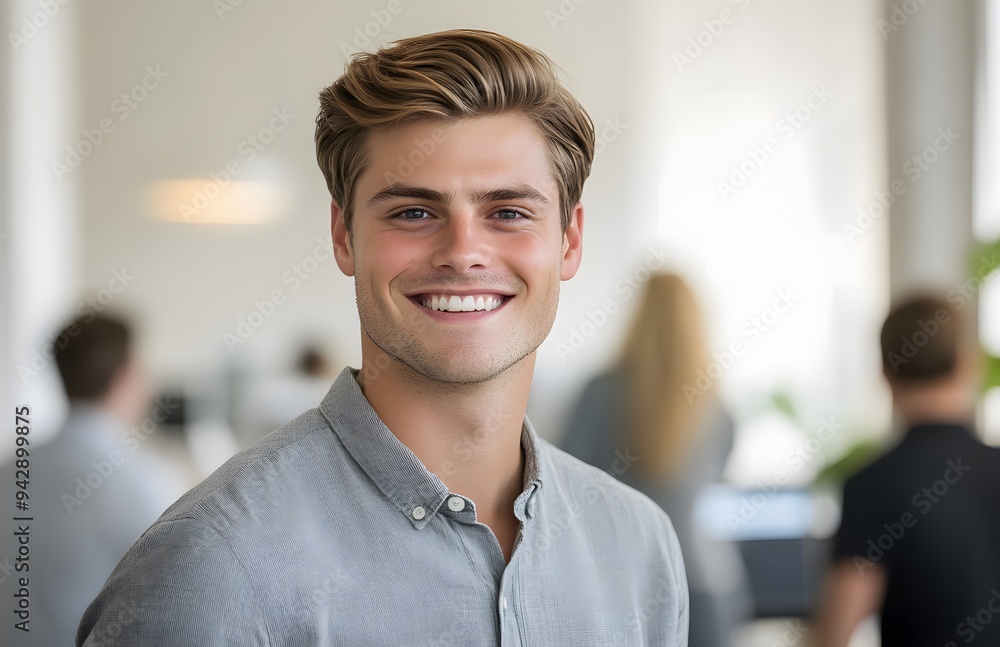 Fototapeta premium man is smiling at the camera, wearing casual and standing in an office setting