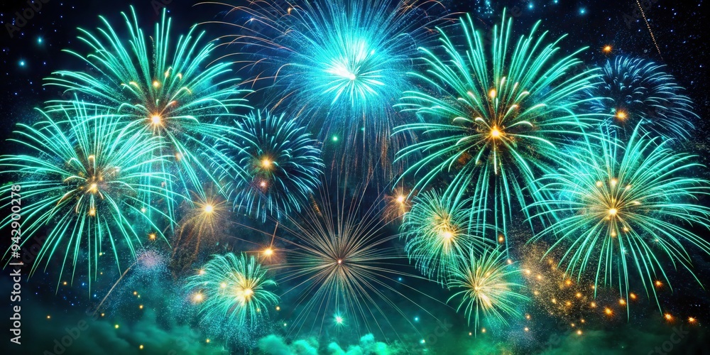 10. Dazzling blue-green fireworks exploding in a night sky, leaving trails of glittering sparks and smoke, a realistic photo image. 10. Dazzling blue-green fireworks exploding in a night sky, leaving trails of glittering sparks and smoke, a realistic photo image.