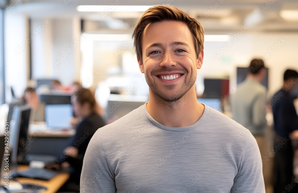 Obraz premium man is smiling at the camera, wearing casual and standing in an office setting
