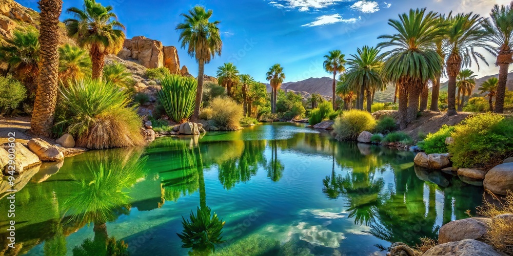 7. A serene blue-green oasis in the heart of the desert, surrounded by towering cacti and lush palm trees, a realistic photo image. 7. A serene blue-green oasis in the heart of the desert, surrounded by towering cacti and lush palm trees, a realistic photo image.