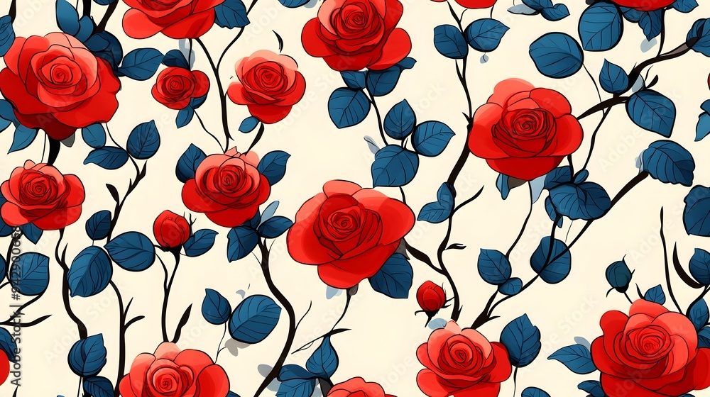 A red and blue flower pattern with roses. The roses are in different sizes and are scattered throughout the pattern. Scene is cheerful and bright, with the red A red and blue flower pattern with roses. The roses are in different sizes and are scattered throughout the pattern. Scene is cheerful and bright, with the red
