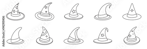 Collection of witch cap in doodle style. Hand drawn vector art.