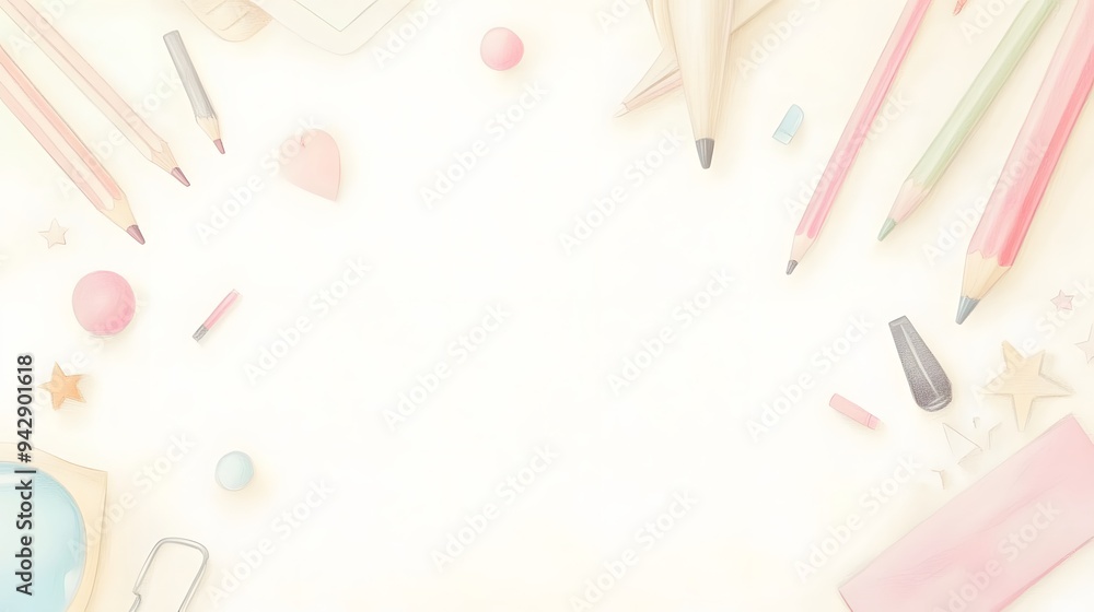 A white background with a bunch of pencils and other writing utensils. The pencils are of different colors and sizes, and there are also some other items like a ball and a cup A white background with a bunch of pencils and other writing utensils. The pencils are of different colors and sizes, and there are also some other items like a ball and a cup