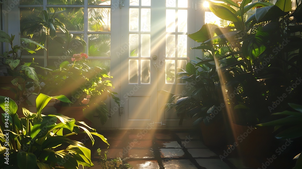 Sunshine coming through the greenhouse door Sunshine coming through the greenhouse door
