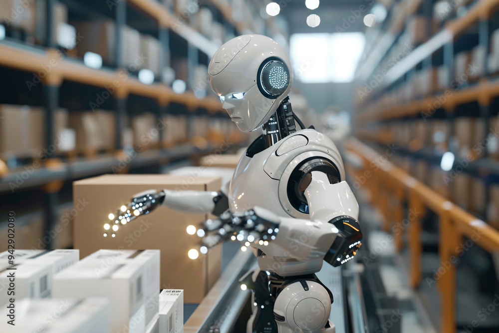 Fototapeta premium Robot at work in the factory. Warehouse working on production line. 