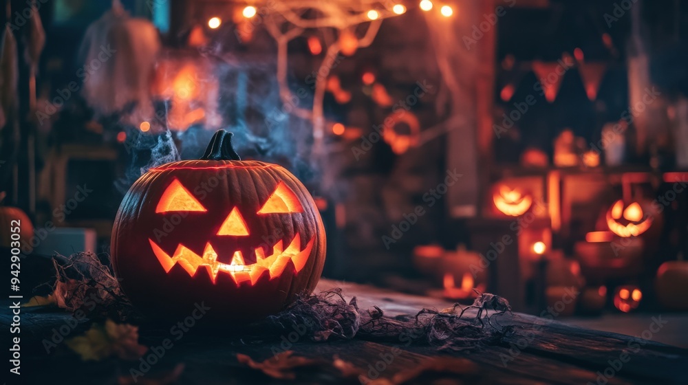 A carved pumpkin with a mischievous grin emits a warm glow, surrounded by other festive decorations in a rustic, inviting atmosphere during Halloween A carved pumpkin with a mischievous grin emits a warm glow, surrounded by other festive decorations in a rustic, inviting atmosphere during Halloween