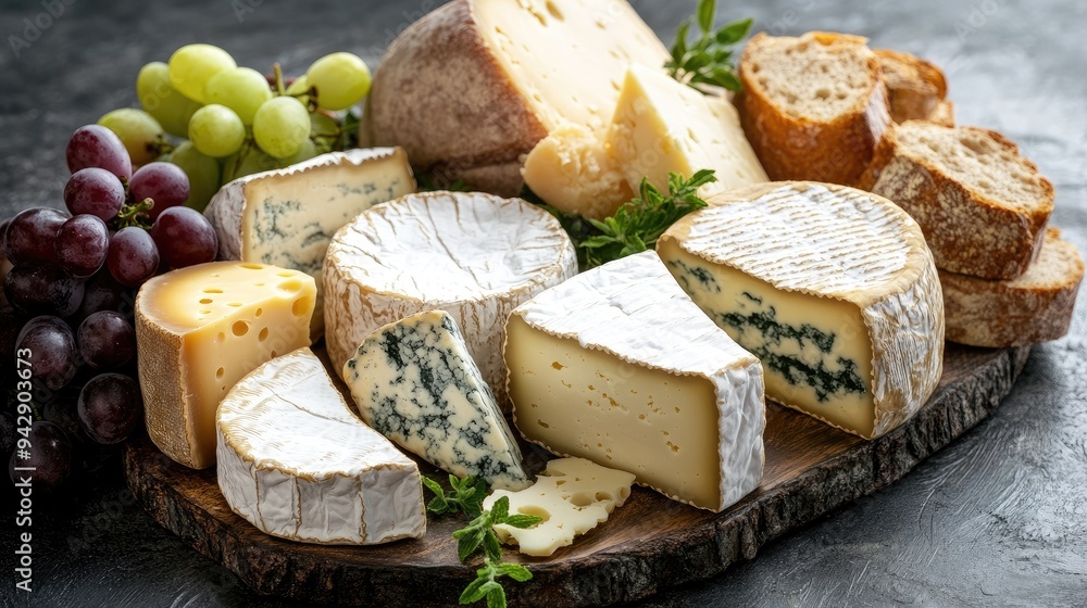 A selection of French cheeses arranged on a rustic board with grapes and bread, leaving ample space for text. Suitable for wine and dine promotions. A selection of French cheeses arranged on a rustic board with grapes and bread, leaving ample space for text. Suitable for wine and dine promotions.