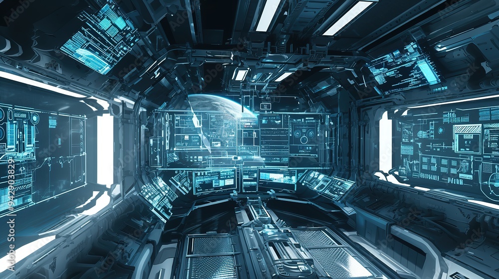 White spaceship interior in space with control panel digital screen 3D rendering White spaceship interior in space with control panel digital screen 3D rendering