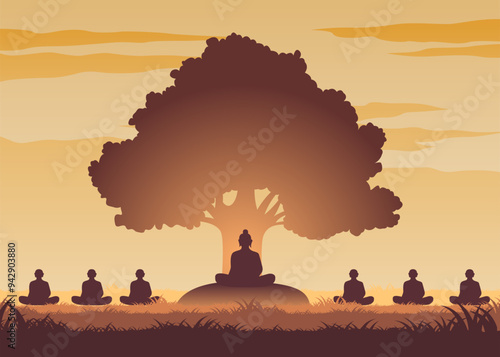 lord of buddha and monks meditation under bodhi tree,vector illutration