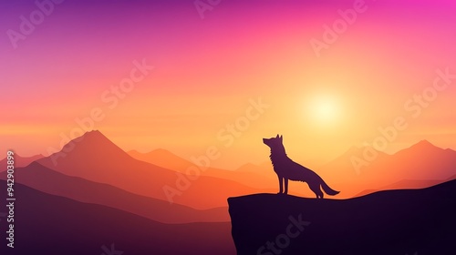 A lone wolf stands majestically on a cliff, silhouetted against a vibrant sunset sky with mountain ranges in the background. photo