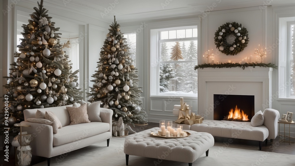 Cozy Living Room with Decorated Christmas Trees and Fireplace Cozy Living Room with Decorated Christmas Trees and Fireplace