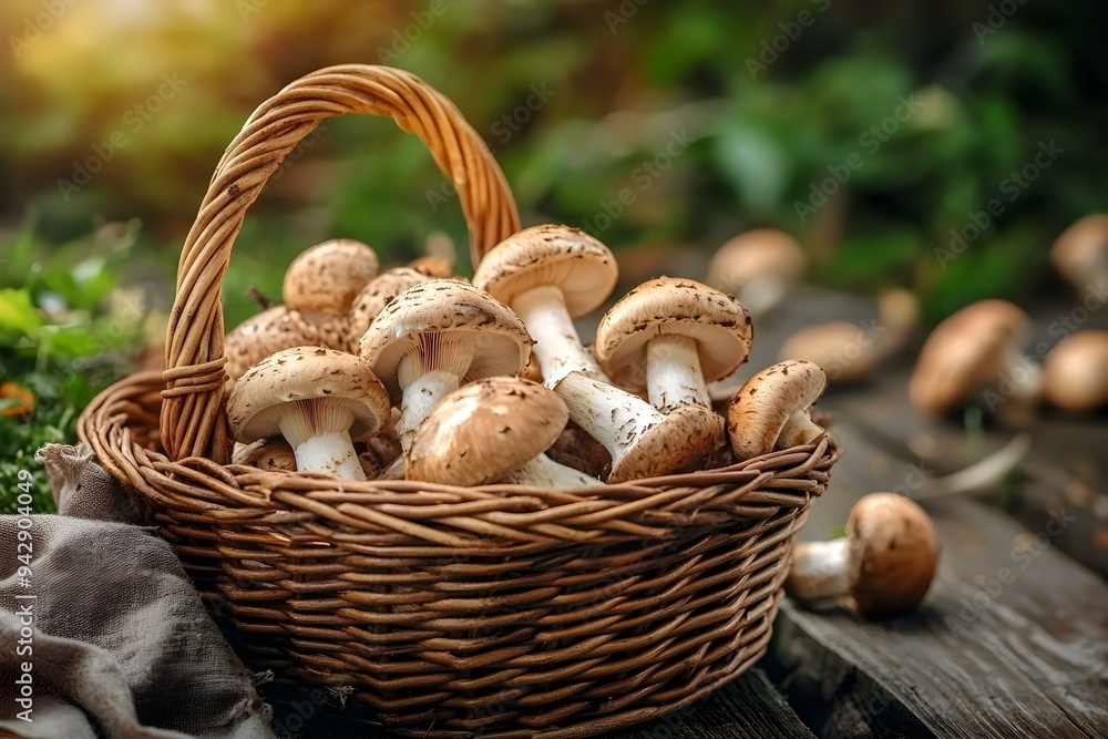 Freshly Harvested Mushrooms in a Wicker Basket Freshly Harvested Mushrooms in a Wicker Basket