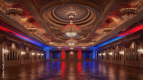 Opulent Ballroom with Detailed Ceiling Design, Bright Chandeliers, and Warm Lighting Accented by Red and Blue Uplighting