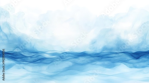 A blue ocean with white clouds in the sky. The water is calm and peaceful. The sky is clear and bright, with the sun shining down on the water. The scene is serene and tranquil