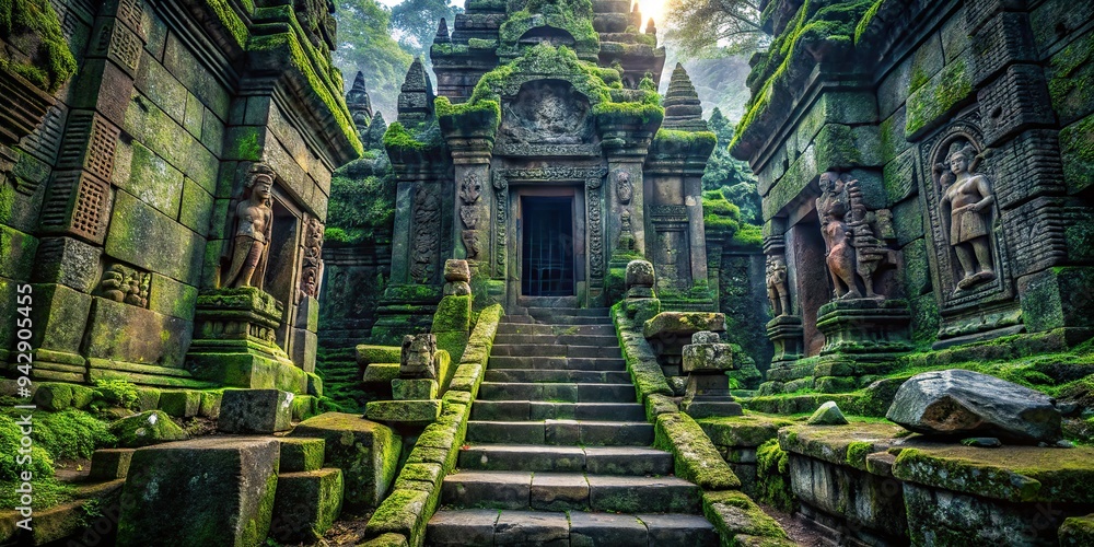 6. Dark cyan shadows cast on a mysterious ancient stone temple, with intricate carvings and moss-covered stairs, a realistic photo image. 6. Dark cyan shadows cast on a mysterious ancient stone temple, with intricate carvings and moss-covered stairs, a realistic photo image.